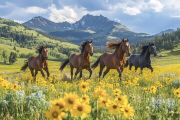 Wall Mural - horses running through field of yellow flowers with mountain background