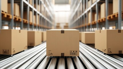 Poster - Automated Robot Arm Handling Cardboard Packages in Industrial Setting