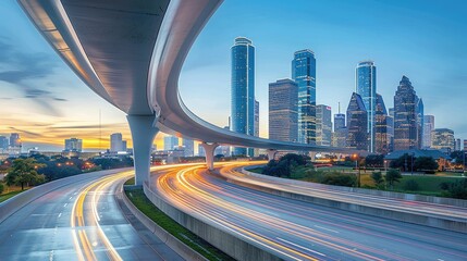 Poster - Urban skyline at dusk with highways and elevated tracks.
