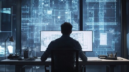 Fototapete - Architect Analyzing Blueprints with Digital Overlay in Modern Office