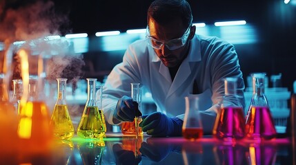 Poster - innovative scientist in white lab coat conducting experiments
