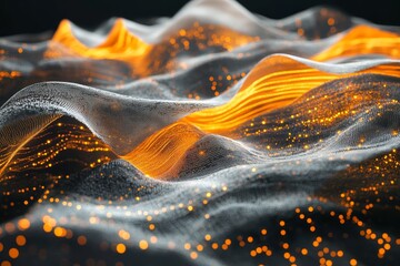 Wall Mural - Dynamic abstract art  flowing orange and silver waves with luminous particles on dark canvas