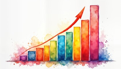 Aufkleber - Colorful watercolor chart shows business growth. Colorful bars illustrate increasing revenue, financial progress. Upward trend shows positive development. Artistic financial data visualization.