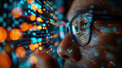 Poster - A close-up of a person's face with glasses, overlaid with digital data and lights.