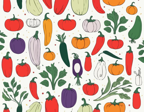 Set of abstract art poster in vegetables. Hand drawn red peppers, pumpkin, tomato and onion, zucchini, corn, eggplant. Vector illustration for card, brochure, cover.
