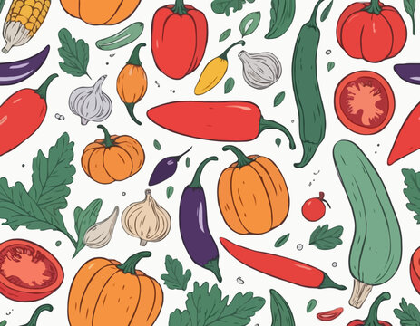 Set of abstract art poster in vegetables. Hand drawn red peppers, pumpkin, tomato and onion, zucchini, corn, eggplant. Vector illustration for card, brochure, cover.
