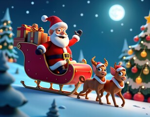 Poster - Funny cartoon Santa Claus sits in red sleigh pulled by two cute reindeer. Santa waving, many gifts in sleigh. Scene winter night with snow, Christmas tree. Festive, fun Christmas illustration.