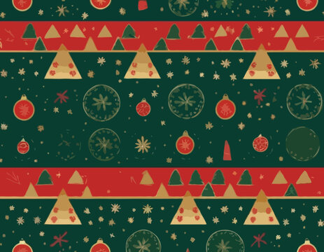 Christmas abstract geometric seamless pattern with holiday icons   for wrapping paper, background, wallpaper. Trendy modern festive print. Red, green, gold colors.
