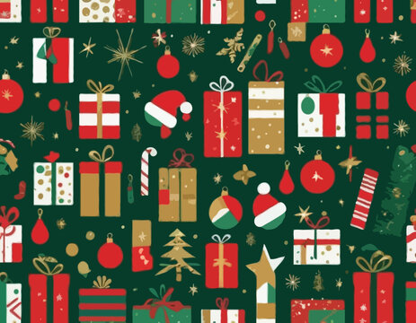 Christmas abstract geometric seamless pattern with holiday icons   for wrapping paper, background, wallpaper. Trendy modern festive print. Red, green, gold colors.