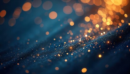 Poster - Abstract festive background. Dark blue, gold particles create shining texture. Golden light bokeh adds holiday feeling. Design for luxury celebration. Suitable for New Year Eve Christmas cards.