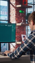 Fototapete - Man listening music while using AI program turning text prompt into videos. Person putting on headphones, interacting with text to video artificial intelligence generative model, camera A