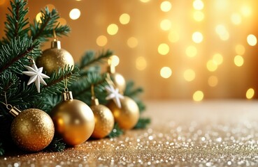 Poster - Golden Christmas ornaments, fir tree branches on glittery background. Festive decoration for holiday season. Shiny golden balls, white stars on green fir sprigs. Warm cozy atmosphere of Christmas Eve