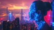 © M_H_L - A futuristic portrait of a woman with a glowing, digital face against a city skyline.