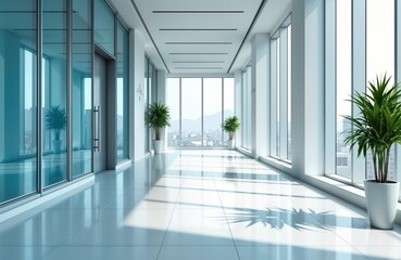 Poster - Empty modern office hallway with large windows offering city view. Shiny tile floor reflects natural light. Plants in white pots enhance minimalist design. Contemporary architecture highlights bright