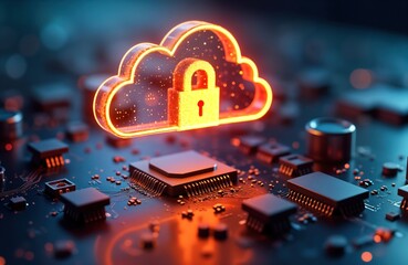 Poster - Secure cloud computing system illustrated. Glowing cloud icon with padlock symbol floats above detailed motherboard. Futuristic tech concept. Advanced data protection. Innovative online network.