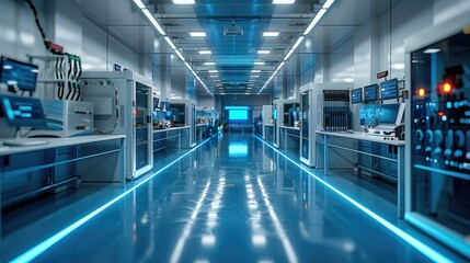 Poster - A high-tech laboratory corridor with advanced equipment and glowing blue accents.