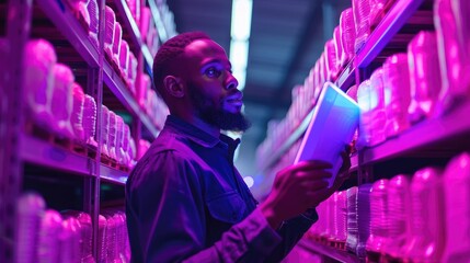 Poster - A man examines a tablet in a brightly lit, modern storage area filled with containers.