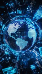 Poster - Global economy concept featuring currency and communication devices encircling the earth