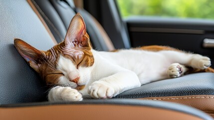 Wall Mural - A peaceful cat sleeps on a car seat, enjoying a cozy moment in the sunlight.