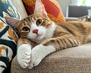 Wall Mural - A playful cat lounges comfortably on a couch, its expressive eyes and soft fur creating an inviting and cozy atmosphere.