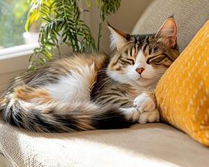 Wall Mural - A relaxed cat lounging on a couch, nestled against a bright pillow with a calm expression, surrounded by greenery.