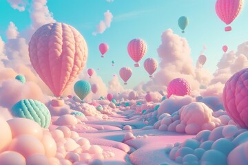 Poster - Surreal 3d landscape featuring colorful balloons against a pink and aquamarine sky