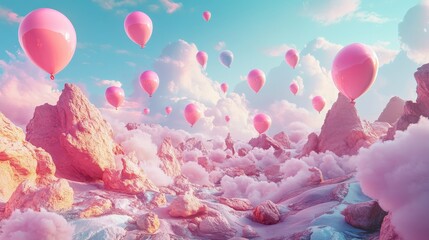 Poster - Surreal 3d landscape with colorful balloons floating in a pink and aquamarine sky