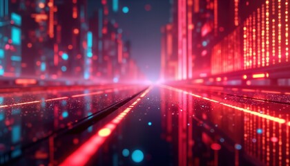 Poster - Futuristic city street glows with vibrant neon light. Data streams flow through urban landscape. Abstract tech design. Glowing digital matrix in cyberspace. Virtual reality scene. Modern illuminated