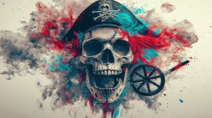 Wall Mural - Skull with hat, cannon, and color explosions.