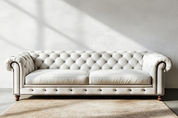 Wall Mural - Elegant white leather chesterfield sofa under studio lighting on a soft beige area rug