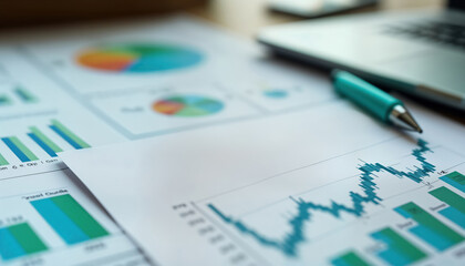 Leinwandbilder - Financial documents display various charts, graphs. Stock market report analysis evident on paper. Data analysis happening on desk with pen. Business documents show financial trends, projections.