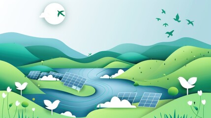 Wall Mural - A serene landscape featuring a river valley with floating solar arrays and wildlife sanctuaries, symbolizing solar energy integration and biodiversity conservation, minimalist style