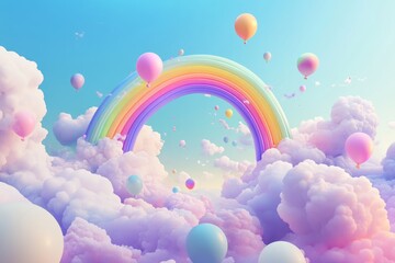 Poster - Abstract 3d rainbow with clouds and colorful balloons in a generative ai illustration