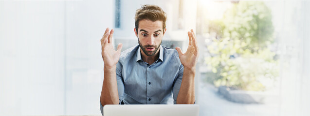 Leinwandbilder - Stress, shock and business man on laptop upset for crisis, network error and 404 mistake. Banner, corporate and worker on computer with frustrated, anxious and surprise for proposal or project fail