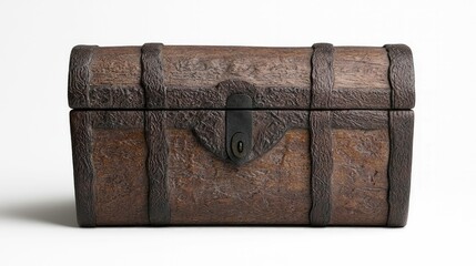 Rustic treasure chest symbolizing tangible assets, stark white background, asset management concept.