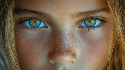 Sticker - A captivating close-up image of a young person's face highlighting bright blue eyes and freckled skin, emphasizing the details and natural beauty of human features.