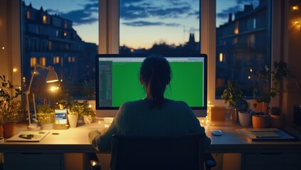 Aufkleber - Woman working on computer at desk with plants, nighttime view.