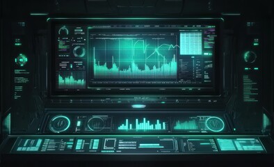 Poster - Dark cockpit with monitors, data, dials, lights, interface.