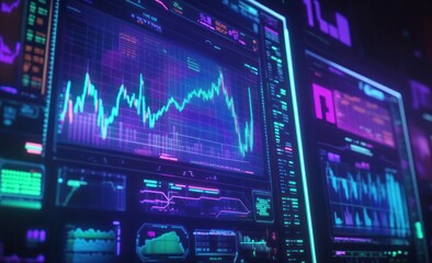 Poster - Neon screens display stock data, graphs, and charts.