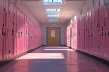 Poster - School hallway with pink lockers and skylights.