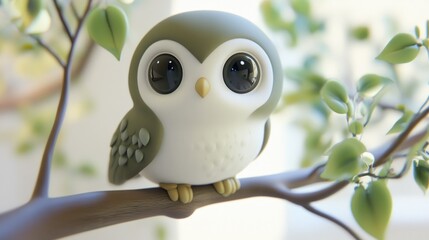 Poster - Cute owl perched on branch, big eyes.