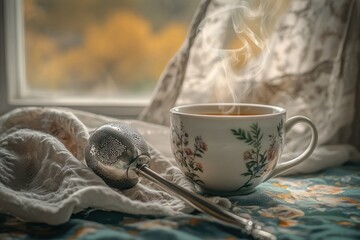 Poster - Steaming tea cup with infuser, by window.