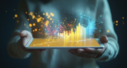 Poster - Hands hold tablet displaying digital data, glowing analytics.