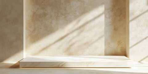 Poster - Beige marble stage with sunlit wall for product display.