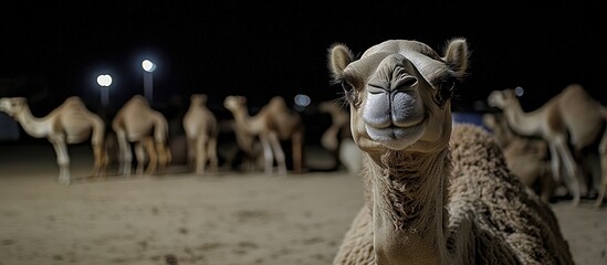 Poster - Close camel at night, herd in background, sand ground.