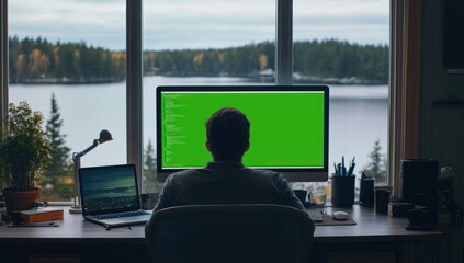 Poster - Man coding at desk overlooking lake, green screen.