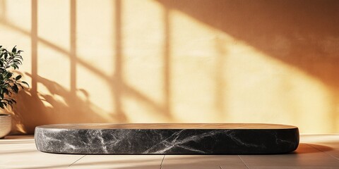 Aufkleber - Marble platform in soft sunlight, plant background.