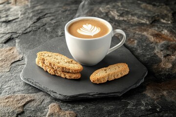 Poster - Steaming latte with biscotti on slate.