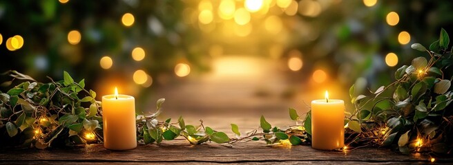 Aufkleber - Candles with bokeh and greenery on wooden surface.