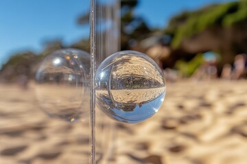 Poster - Beach view through two glass spheres on the sand.
